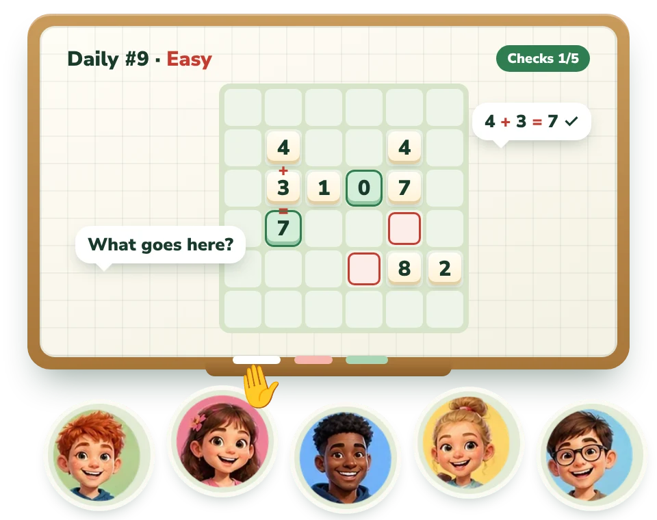 The daily Easy puzzle projected on a classroom board, with students raising their hands